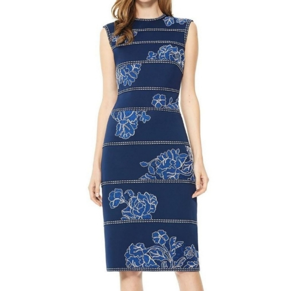 [SOLD] Tadashi Shoji Kitami Blue Floral Embroidered Dress Size Medium